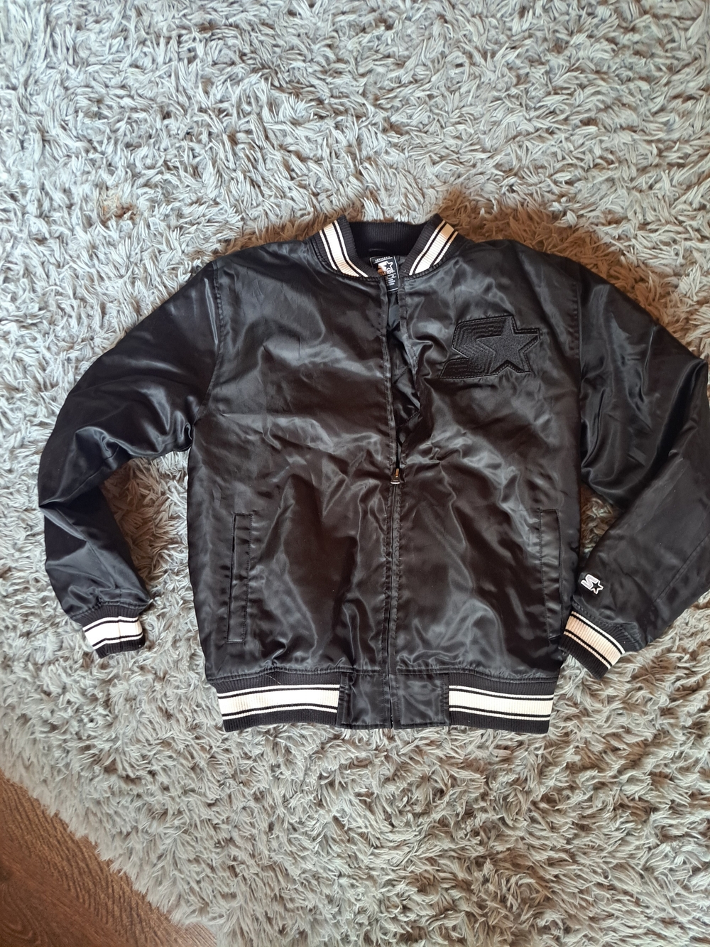 STARTER Black Satin Bomber Jacket with White Trim